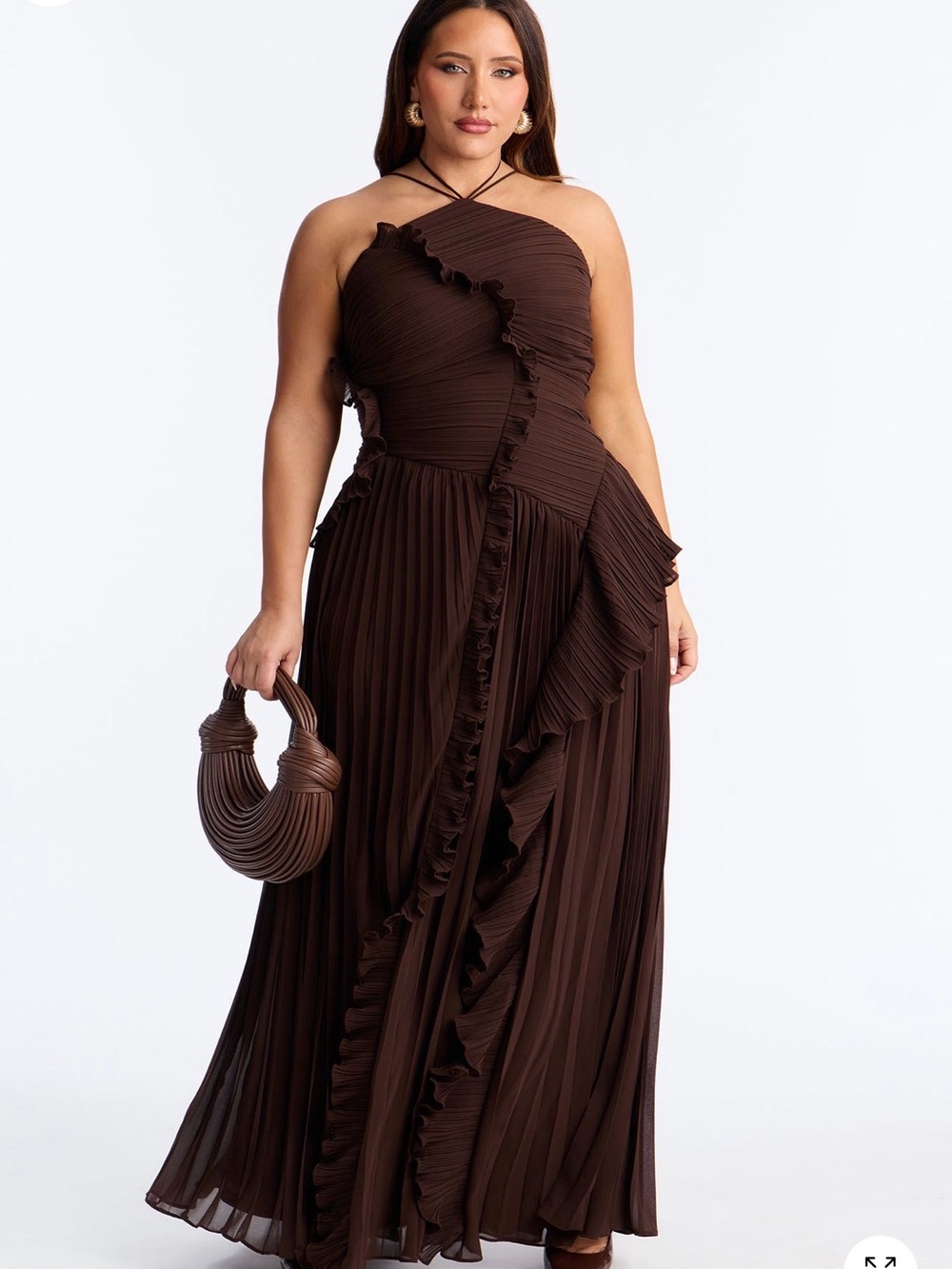 Fashion Nova Dark Brown High Neck Ruffle Pleated Maxi Dress